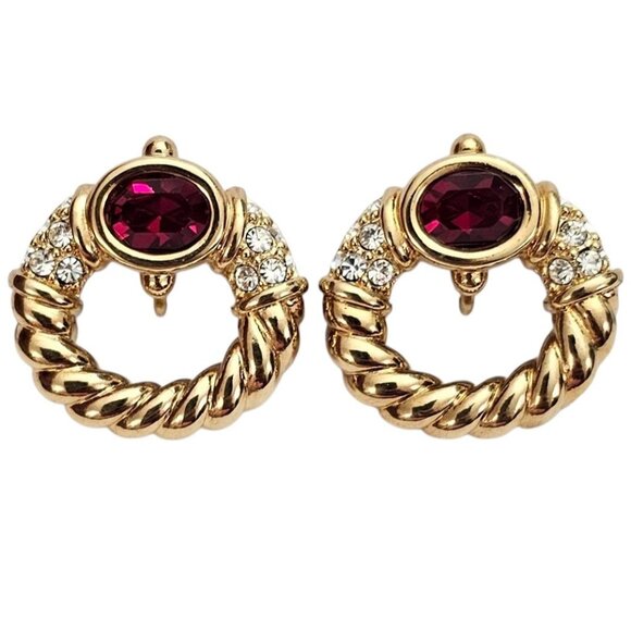 Swarovski Swan Logo Red Crystal Clip On Earrings, Open Rope Twist, J56